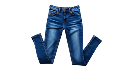 A pair of slightly faded, classic blue denim jeans, laid flat on a neutral backdrop