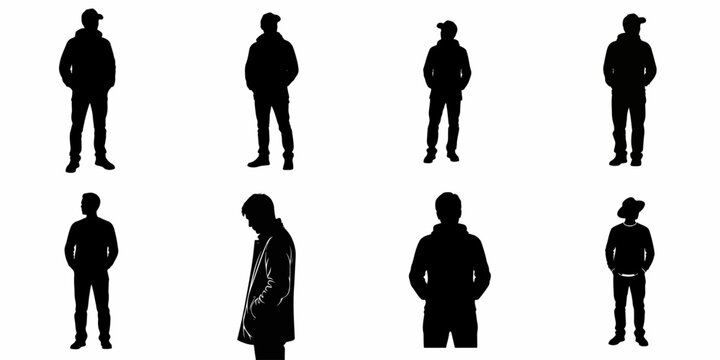 Diverse collection of young adult male silhouettes standing in street fashion attire for architectural drawings, isolated vector graphic set.