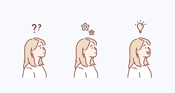 Woman thinking deeply, analyzing ideas and seeking understandingOriginal vector illustration drawn by hand.