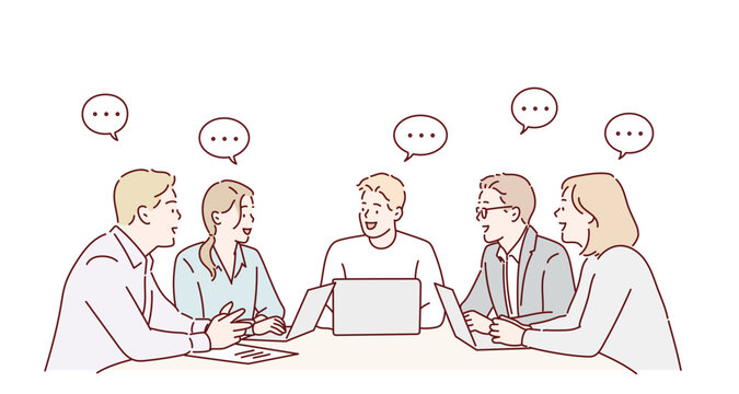 Business people having a group discussion. Original vector illustration drawn by hand.