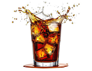 Drink glass with ice cubes, liquid splashing upwards