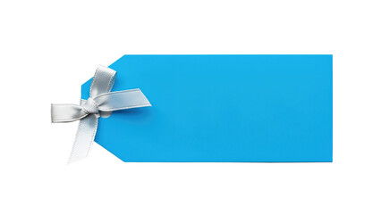 Blue gift tag with silver ribbon on white background  