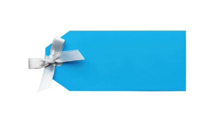 Blue gift tag with silver ribbon on white background  