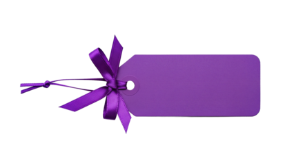 Purple gift tag with ribbon and bow for labeling presents  