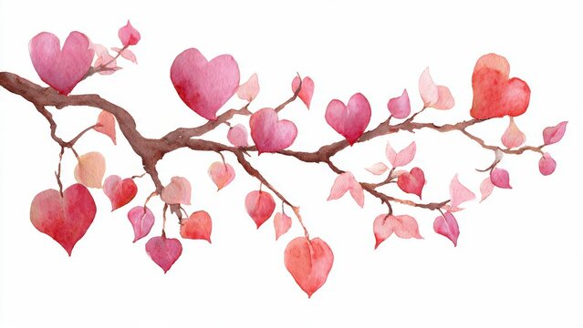 Watercolor painting of a tree branch with heart-shaped leaves in various shades of pink and red, symbolizing love and romance on a white background.