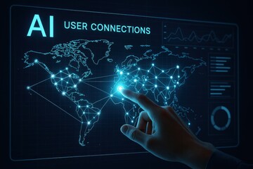 Hand interacting with a digital world map displaying AI user connections, signifying global data exchange and technology integration. Concept of connectivity and innovation.