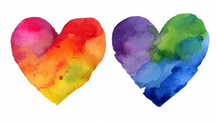 Two vibrant watercolor hearts in rainbow colors, symbolizing love, diversity, and LGBTQ+ pride, against a clean white background.