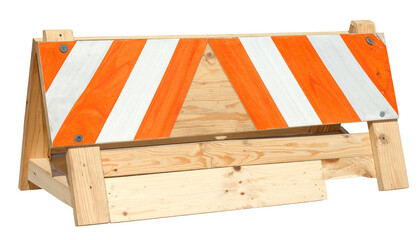 Wooden A-frame barricade with orange and white diagonal stripes