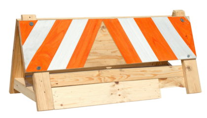 Wooden A-frame barricade with orange and white diagonal stripes