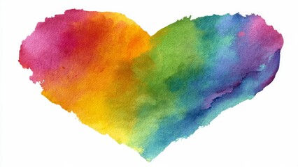 Abstract rainbow heart painted with watercolor on white background, vibrant colors, symbol of love, pride, and happiness.