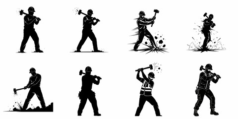 Obraz premium Sledgehammer worker silhouette set in various dynamic poses: construction, demolition, and heavy manual labor vector illustration.