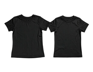 Two identical black t-shirts, front view, isolated on black background