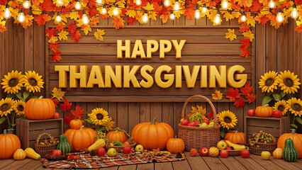 Halloween pumpkins arranged on a wooden table with autumn leaves for a festive fall celebration illustration