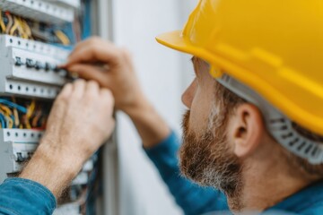 Electrician working on electrical panel with wires and connections closeup shot