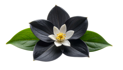 A striking black flower with a white center and green leaves against a black backdrop