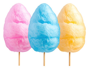 Three colorful, fluffy spun sugar treats on sticks