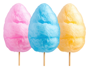 Three colorful, fluffy spun sugar treats on sticks