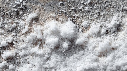 Crystalized salts on concrete surface, efflorescence white powder, detailed texture 