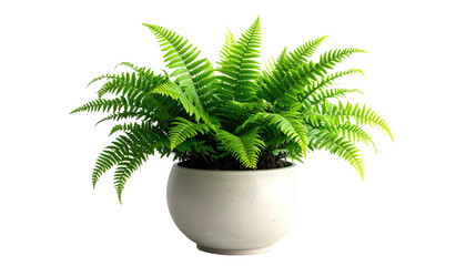 A vibrant green fern plant in a simple white ceramic pot