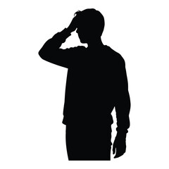 Silhouette of a young man shading his eyes with his hand while looking intently into the distance on white background