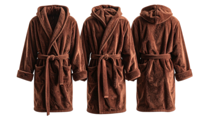 Three views of a plush, hooded, brown bathrobe