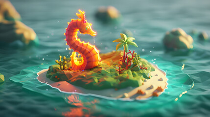3d Isometric low poly clay style seahorse-shape