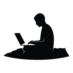 Silhouette of a young person working diligently on a portable computer while sitting comfortably on a soft surface on white background