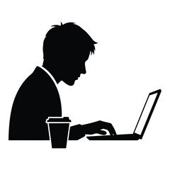 Silhouette of a focused businessman or student intensely working on a modern laptop computer while holding a takeaway beverage on white background