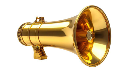 Shiny, golden megaphone against a stark black background, amplified sound