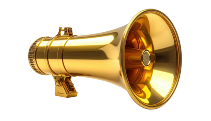 Shiny, golden megaphone against a stark black background, amplified sound