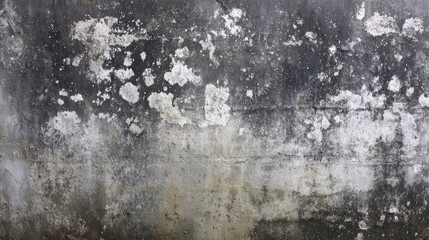 Damp concrete wall texture showing dark moisture patches and white efflorescence stains, basement or exterior surface, raw and cold atmosphere, diffused lighting 