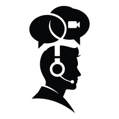 Silhouette of customer support agent wearing headset with speech and video call bubbles representing digital communication solutions on white background