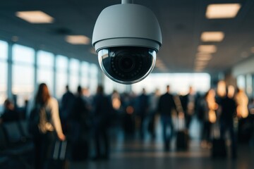 Security camera monitoring passenger activity in a busy airport terminal. Concept of surveillance, safety, and modern technology in public spaces.