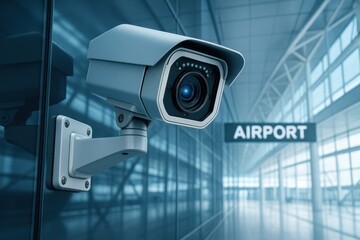 Surveillance camera positioned in a modern airport terminal, emphasizing security and technology in travel environments. Concept of safety, monitoring, and transportation efficiency.