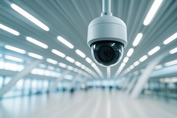 High-definition security camera suspended in a modern, minimalistic space, capturing surveillance dynamics. Concept of safety, technology, and architectural design.