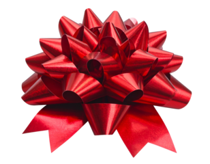 A shiny, metallic red bow, expertly crafted with multiple loops and textured folds