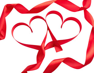 Two red ribbons shaped as hearts, intertwined, on a black background