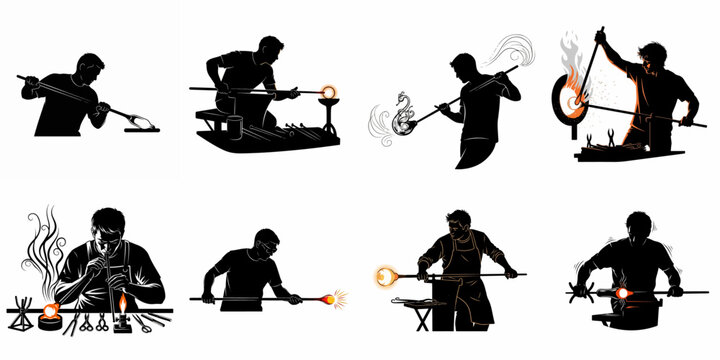Glass Blowing Art and Craft Silhouettes Collection: Detailed Vector Illustrations of Artisans Working Molten Glass with Tools and Fire.