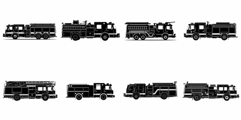 Obraz premium Eight different silhouettes of various fire truck and fire engine designs, emergency rescue vehicles, black and white vector illustration set.