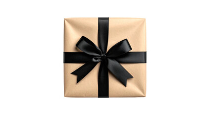 Wrapped gift with a black satin bow on a neutral background
