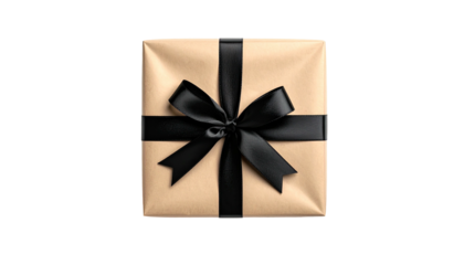 Wrapped gift with a black satin bow on a neutral background