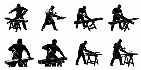 Black and white silhouettes of carpenters and handymen cutting lumber with handsaws on sawhorses, illustrating woodworking and construction trades.