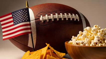 American football game day snacks with popcorn, chips, and a small US flag