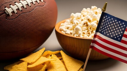 American football game day snacks with popcorn, chips, and a small US flag