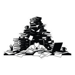 Overwhelmed office worker buried under massive piles of paperwork and books working diligently at a desk on white background