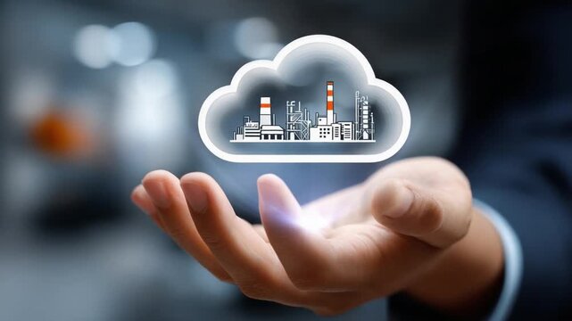 Cloud City in Hand: Illustrating the convergence of technology and urban infrastructure, a hand cradles a symbolic cloud encapsulating a miniature city.