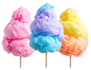 Three colorful cotton candy treats, fluffy and on wooden sticks