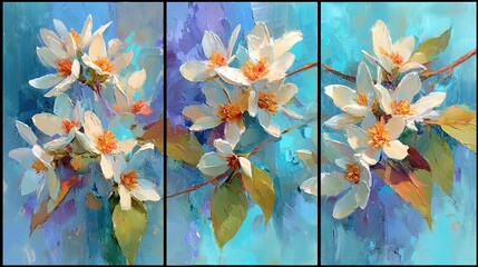 Set of 3 wall art panels showcasing fragrant jasmine in abstract painting on serene blue background, close-up view, split triptych composition on clean white backdrop.