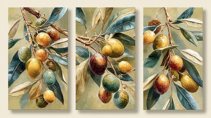 Set of 3 minimalist wall art panels featuring twisting olive branches abstract painting on muted olive background, close-up view, split triptych composition on clean white backdrop.