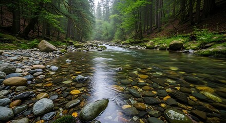 Serene forest river with rocky shoreline.